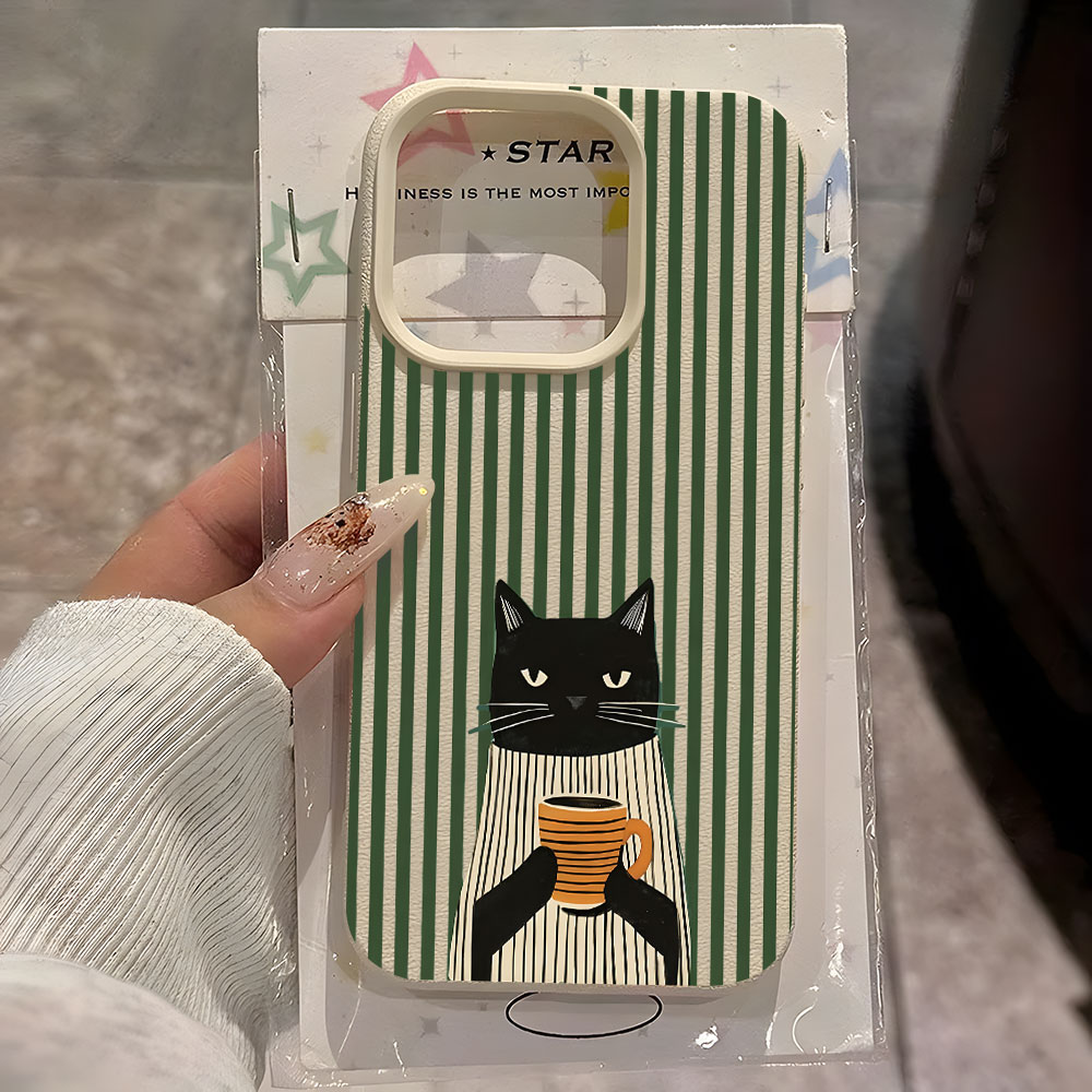 Phone Accessories To Sell - Funny Coffee Cat Pattern Lychee Phone